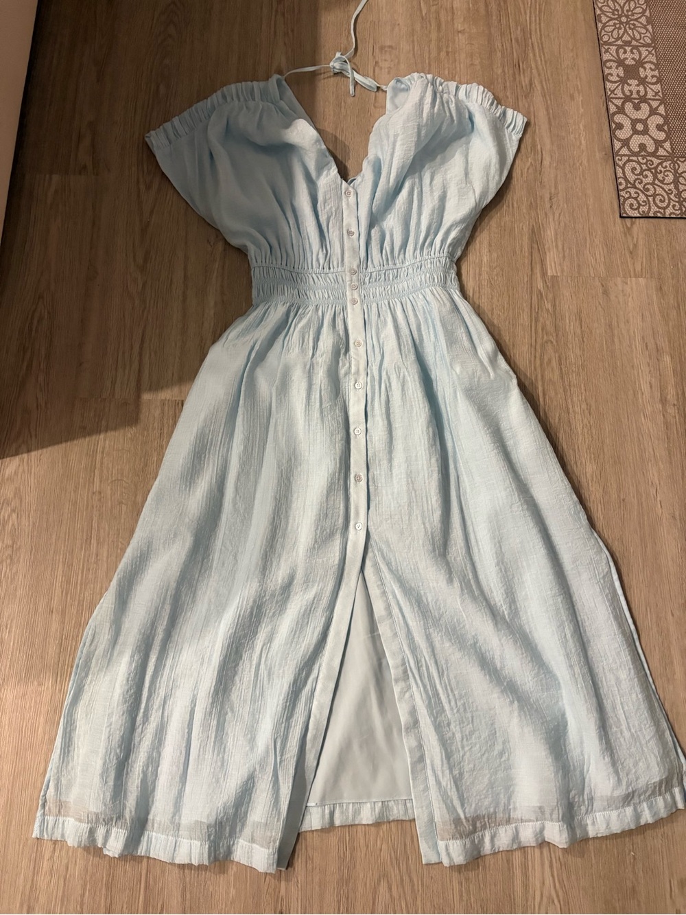 OAK + FORT Light Blue Off-Shoulder Button-Front Midi Dress